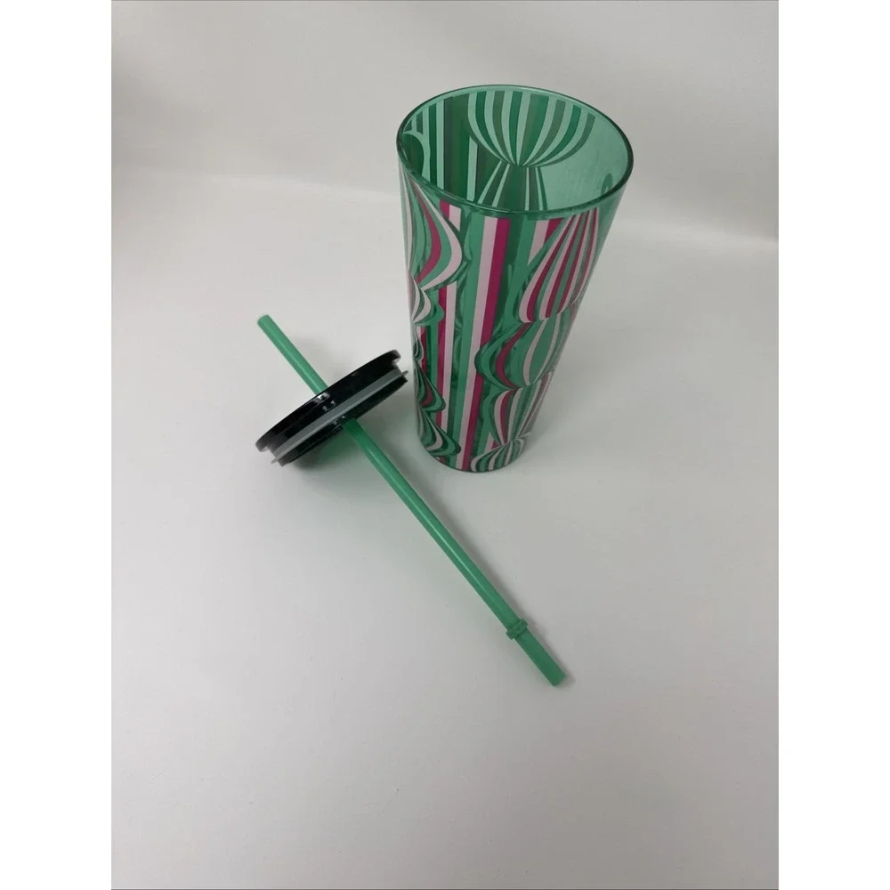 Starbucks 2024 Holiday Pink/Green Design 18oz Glass Tumbler Cold Cup New W/Straw